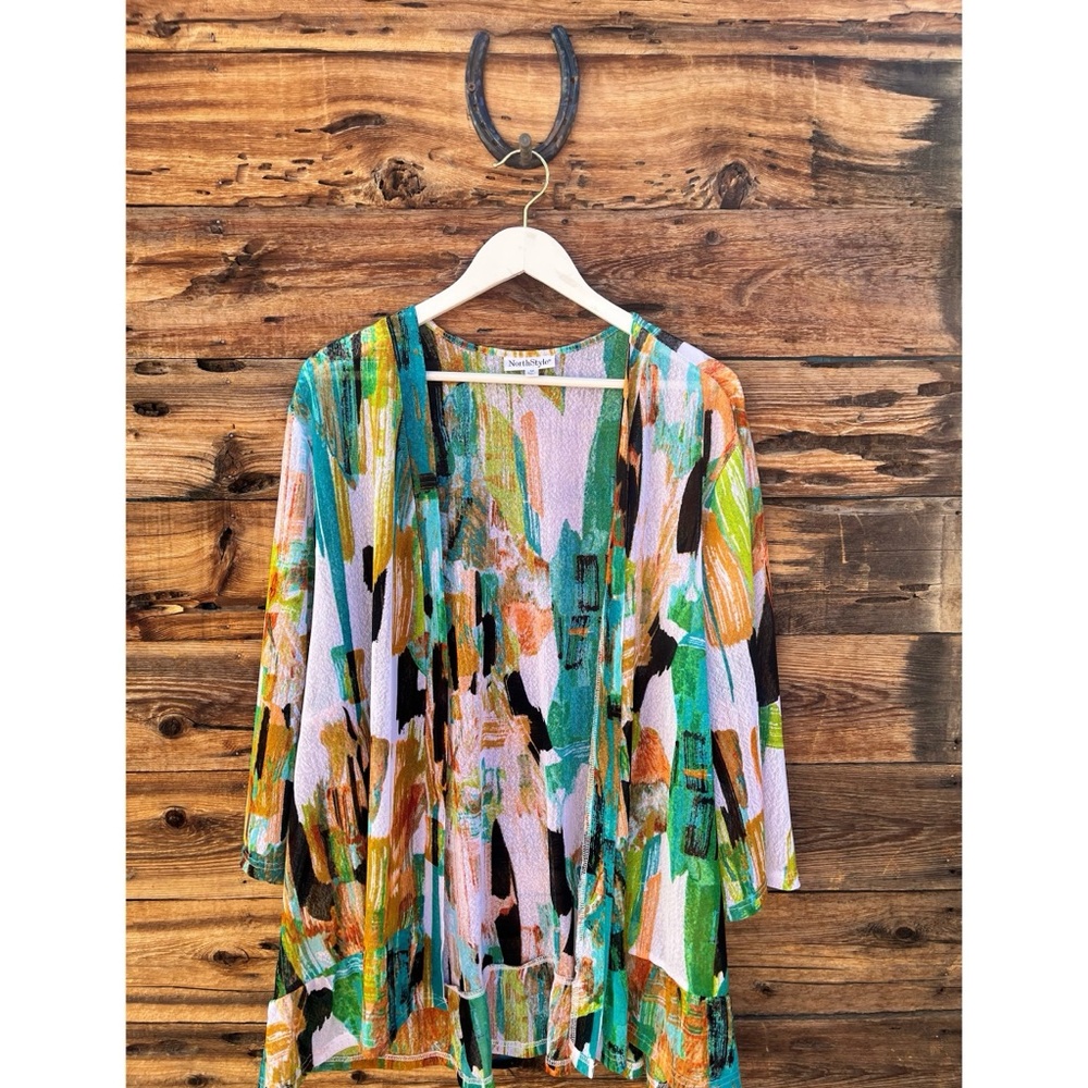 NORTHSTYLE | Rust & Turquoise Paint Watercolor Artsy Open Front Mesh Cardigan 3X